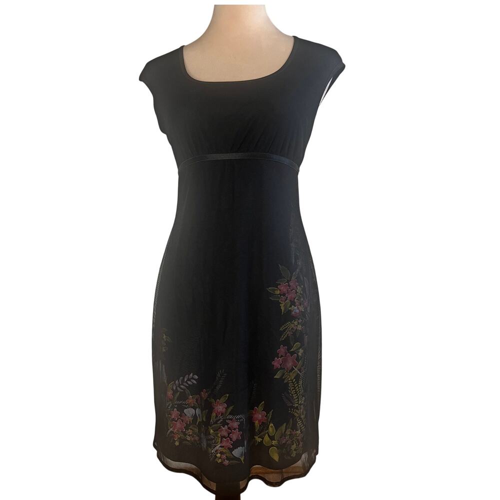 Vintage Y2K Whimsigoth Black Mesh Floral Empire Dress Hot Kiss Med Fairygoth